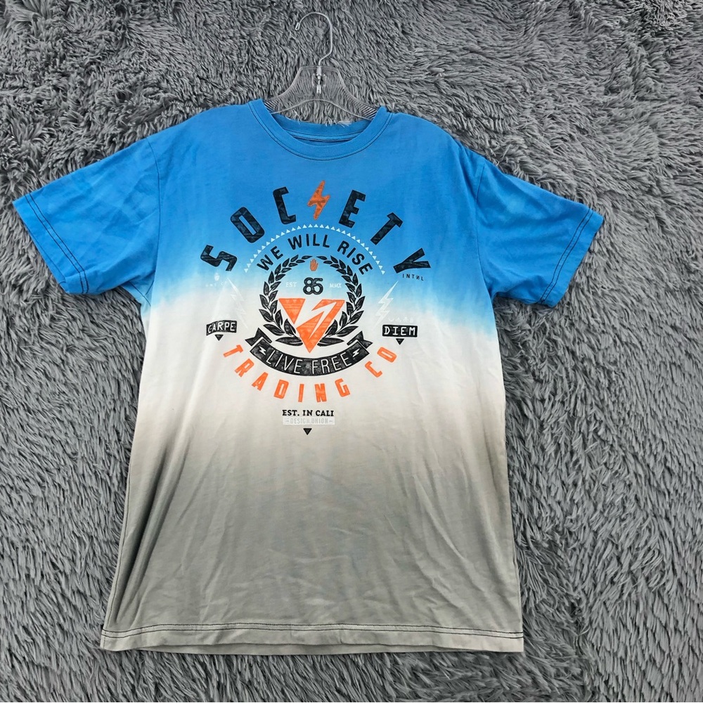 Society Tshirt Mens Large Ombre Spellout Blue Gray Shirt